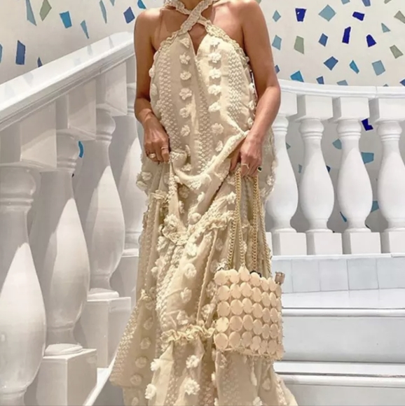 NWT BOHEMIAN BEACH VACATION RESORT LONG POM POM MAXI DRESS SIZE: SMALL-LARGE - Picture 6 of 16